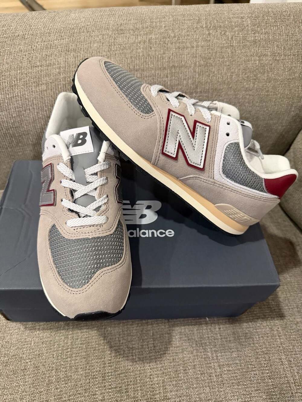 New Balance Kids' 574 Casual Sneakers (Arid Stone/Monarch Burgundy) size 5y